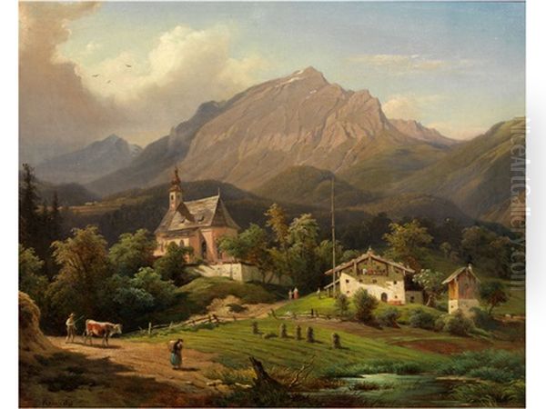 Blick Auf Ein Gebirgsmassiv Mit Davorliegender Kapelle Und Bauernhof Sowie Staffagefiguren by Franz Reinhold