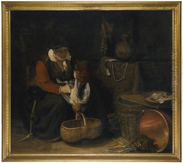 A Kitchen Interior And A Woman Plucking A Chicken With A Copper Pot, Baskets And A Plate Of Fish by  Rembrandt van Rijn