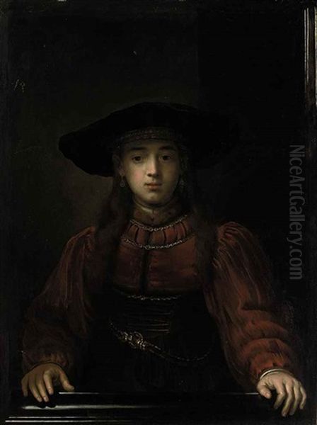 Portrait Of A Young Girl In A Red Dress With Fur Trim, A Buckled Corset And Fur Hat by  Rembrandt van Rijn