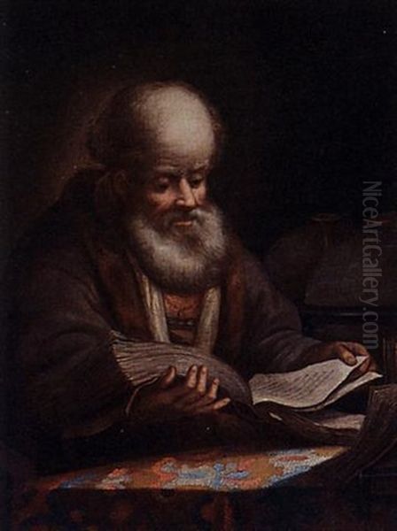 A Portrait Of A Bearded Man Reading by  Rembrandt van Rijn