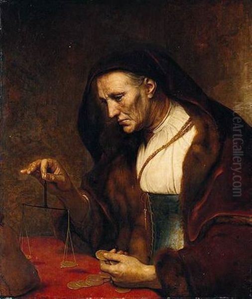 An Old Woman Weighing Gold Coins by  Rembrandt van Rijn