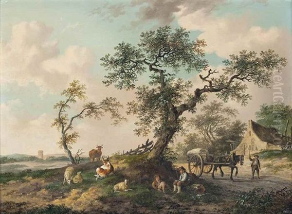 A Wooded Landscape With Drovers And Their Herds Of Cows And Sheep, A Horse-drawn Cart Before A Cottage, A Town Beyond by Fredericus Theodorus Renard