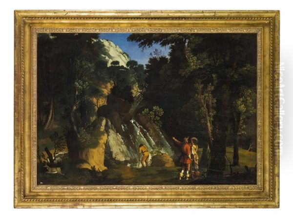 Paesaggio Con Cascata E Figure by Pandolfo Reschi