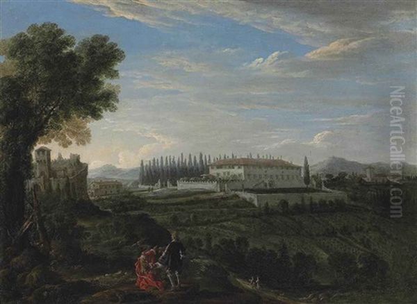 An Italianate Wooded Mountainous Landscape With A Tuscan Villa And A Fortress, An Artist Sketching In The Foreground, A Church And Mountains Beyond by Pandolfo Reschi