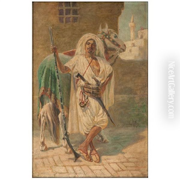 Orientalist Scene With Man Holding A Rifle by John Rettig