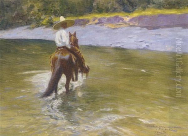 A Mexican Rider Crossing The River by Pierre Ribera