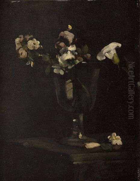 Flowers In A Footed Glass Vase by Theodule Ribot