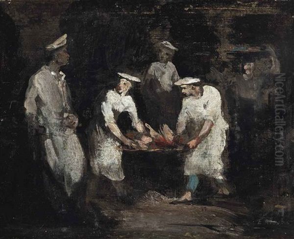 A Busy Kitchen by Theodule Ribot