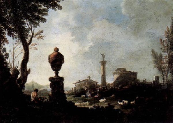 A Pastoral Landscape With Shepherds And Maidens Before A City by Marco Ricci