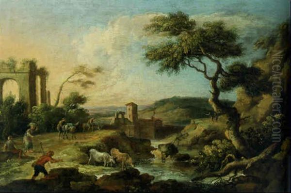 An Italianate River Landscape With Cattle Watering At A Pool And Travellers On A Path by Marco Ricci