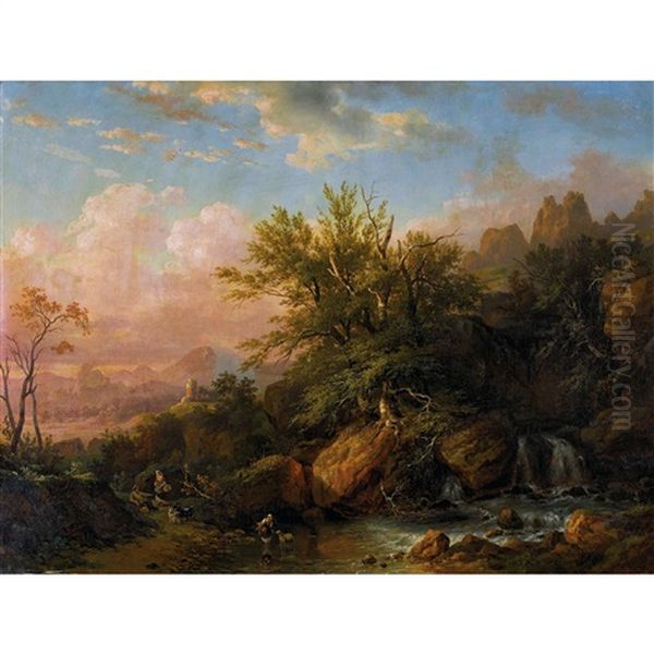 Idyllische Berglandschaft Mit Bach Und Hirten by Alexandre Louis Marie Theodore Richard