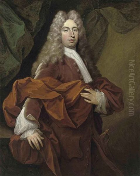 Portrait Of A Gentleman, In A Red Coat And Orange Wrap, His Right Hand Resting On A Ledge by Jonathan Richardson