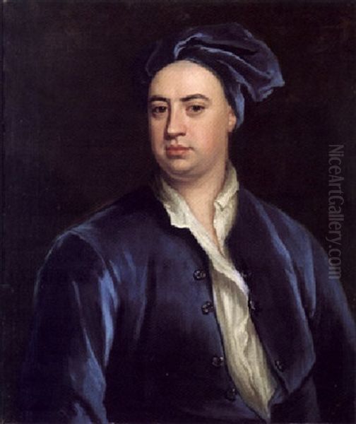 Portrait Of Martin Folkes Wearing A Blue Coat And Hat by Jonathan Richardson