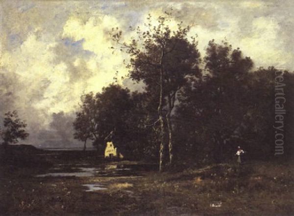 A Faggot Gatherer In A Wooded Clearing, A Cottage Beyond by Leon Richet