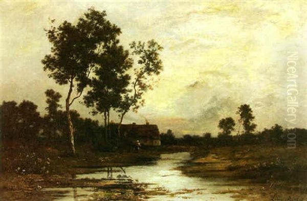 Cottage By A Stream At Twilight by Leon Richet