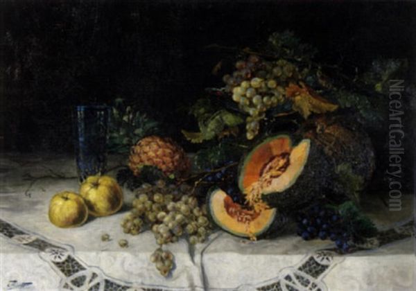 Fruchtestilleben Mit Trauben, Melone Und Glas Auf Weisser Tischdecke by Edouard Frederic Wilhelm Richter