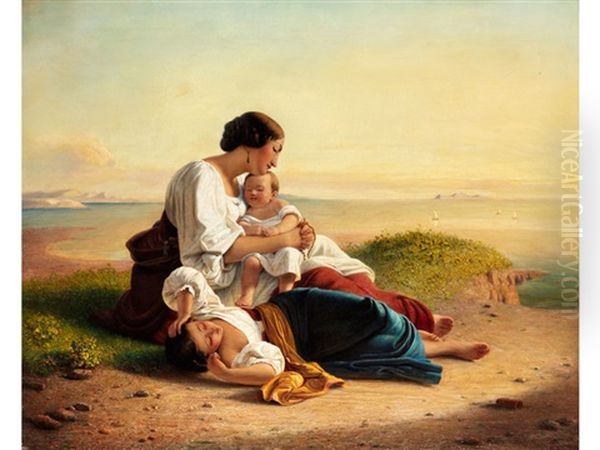 Junge Italienerin Mit Zwei Schlafenden Kindern An Kuste by August Heinrich Riedel