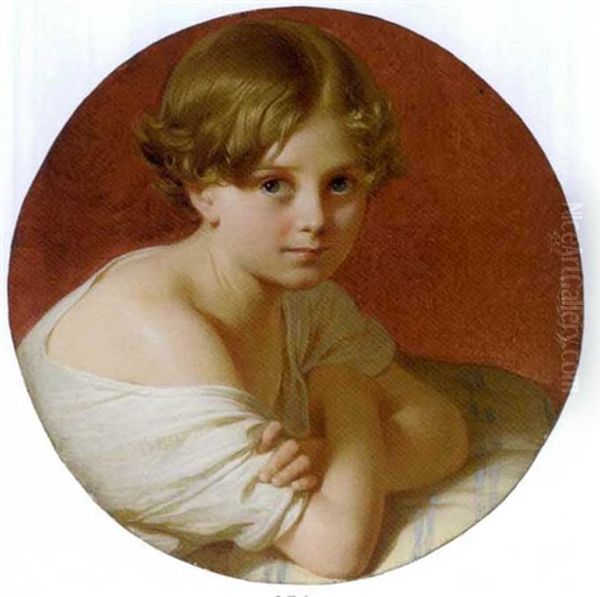 A Child With Arms Crossed Leaning On A Cream And Blue Striped Cushion, In Loose White Dress, Red Curtain Background by Wilhelm August Rieder