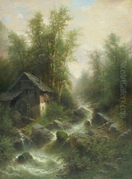 Old Mill By The Waterfall by Albert Rieger