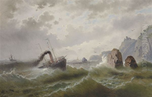 Sturmische Marine Mit Raddampfer, Segelschiffen, Aufragendem Fels Und Ruine by Albert Rieger