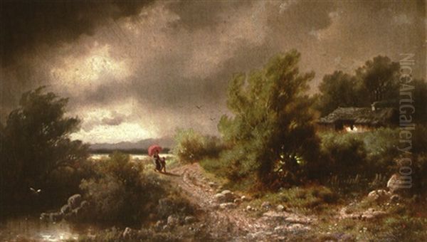 Frau Mit Sonnenschirm Und Kind Bei Aufziehendem Gewitter by Albert Rieger