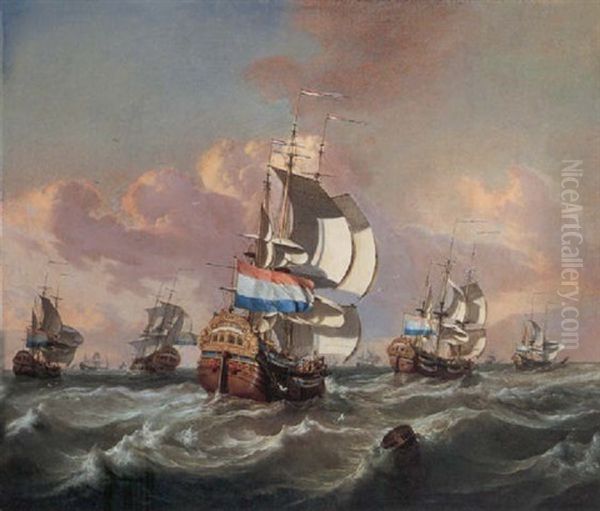 A Squadron Of Dutch Indiamen In Choppy Seas by Jan Claesz Rietschoof