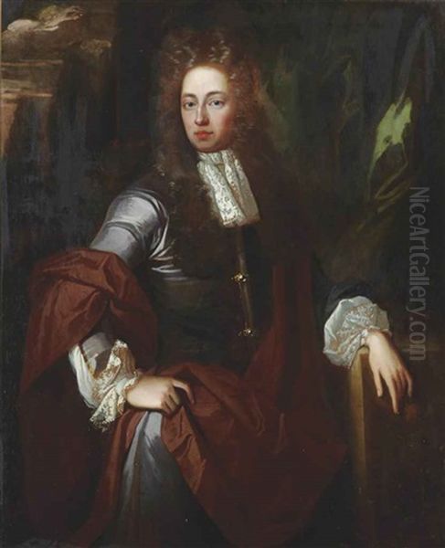 Portrait Of A Gentleman, Three-quarter-length, In A Grey Coat With Lace Cuffs And A Brown Cloak, In A Landscape by John Riley