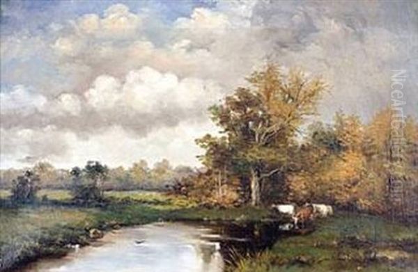 River Landscape With Cattle Watering Beside A Woodland Lake by Willem Cornelis Rip