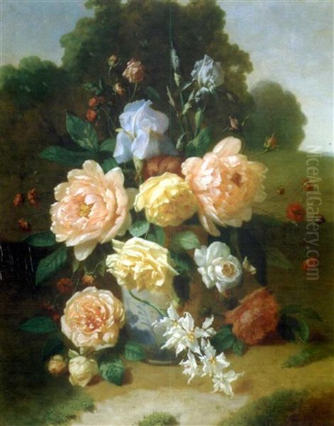 Vase De Fleurs Dans Un Paysage by Henri Robbe