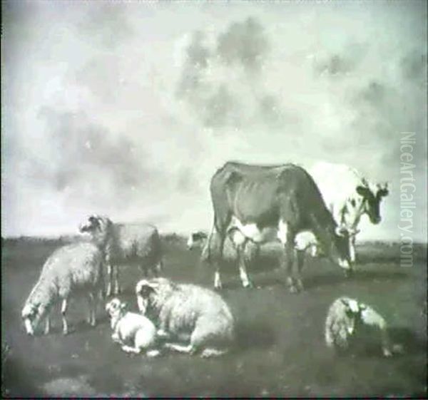 Vlamische Wiesenlandschaft Mit Weidenden Kuhen Und Ruhenden Schafen by Louis Robbe