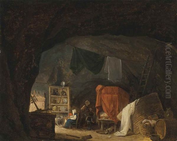 A Family In A Cave Interior by Hubert Robert