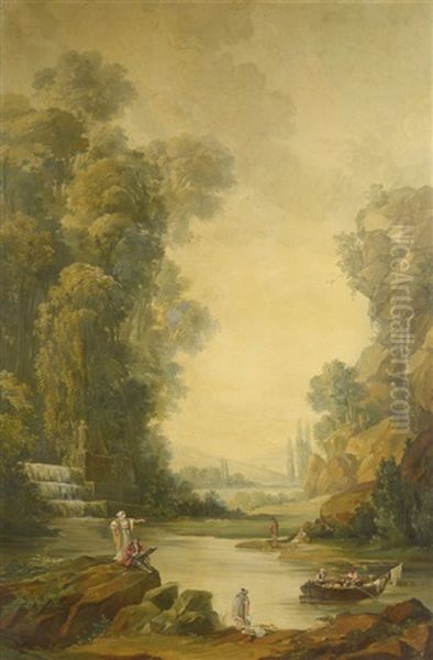 Paysage A La Cascade, Anime De Personnages by Hubert Robert