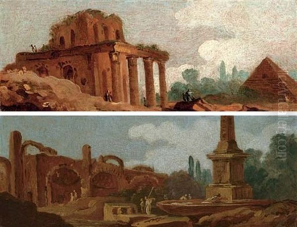 Capricci With Figures Amongst Roman Ruins (+ Another; Pair) by Hubert Robert