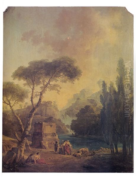 Paysage De Cascade Avec Les Bergers D'arcadie Pres Des Ruines D'un Temple by Hubert Robert