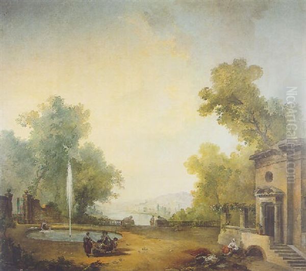 Scene Representant Une Lavandiere Et Des Personnages Dans Un Parc Orne De Statues, De Ruines A L'antique Et D'un Bassin by Hubert Robert