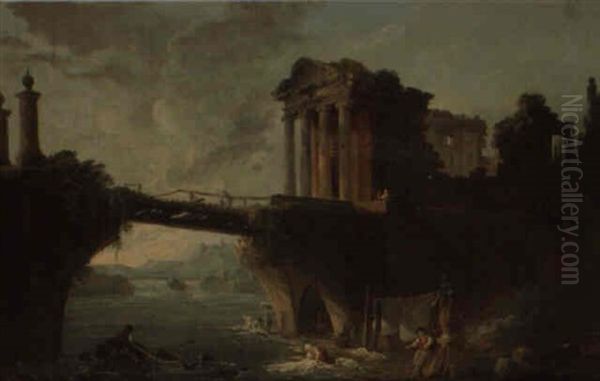 Un Temple Antique Et Un Pont En Ruine Avec Des Lavandieres by Hubert Robert