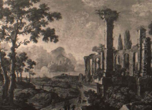 A Capriccio With Travelers And Ruins, An Island And Castle Beyond by Hubert Robert