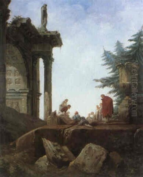 Joueurs De Cartes Devant Un Temple En Ruines by Hubert Robert