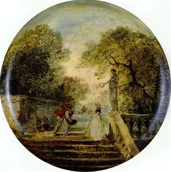 Figures On A Stone Staircase In A Formal Garden by Hubert Robert