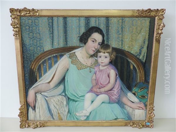 Marguerite Marchand Und Ihre Kleine Tochter Auf Einem Sofa Sitzend by Philippe Robert