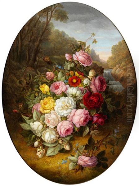 Grosser Blumenstrauss Am Waldboden In Einer Hugeligen Parklandschaft by Jean-Baptiste Robie