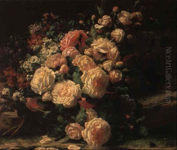 A Bouquet Of Roses En Plein Air by Jean-Baptiste Robie