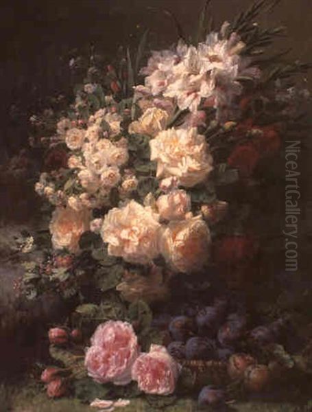 Roses And Other Flowers With A Basket Of Plums by Jean-Baptiste Robie