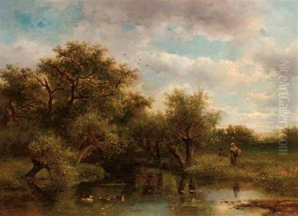 By The River In Summer by Willem Roelofs