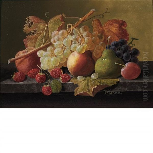 Still Life With Fruit And Grapevines On A Marble Ledge by Severin Roesen