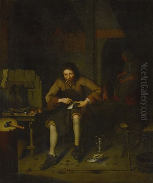 Portrait Of A Cobbler, Full Length, In His Workshop by Pieter Gerritsz van Roestraten