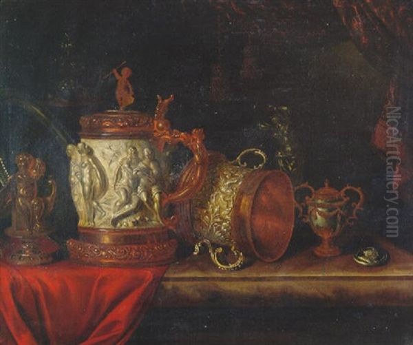 A Pronk Still Life With A Gilt Dish, A Gilt Cup An Cover, A Sculpture Of A Seated Putto, A Tankart, A Silver Gilt Ewer And A Medal by Pieter Gerritsz van Roestraten