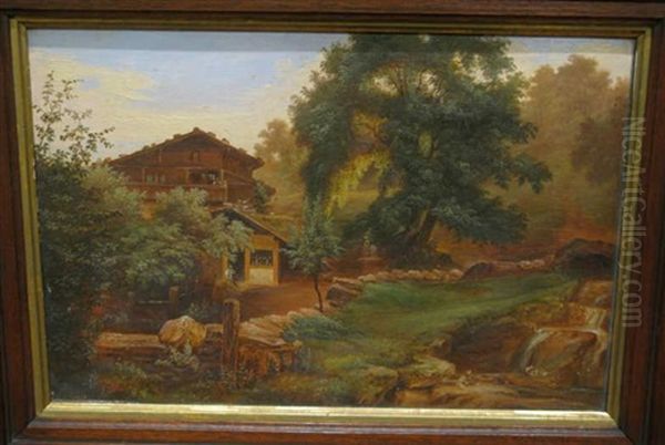 Bavarian Scene With Hillside Cabin And Figures by Paulus Roetter