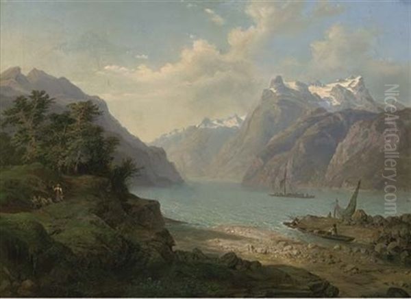 Traders On An Alpine Lake by Jean Francois Xavier Roffiaen