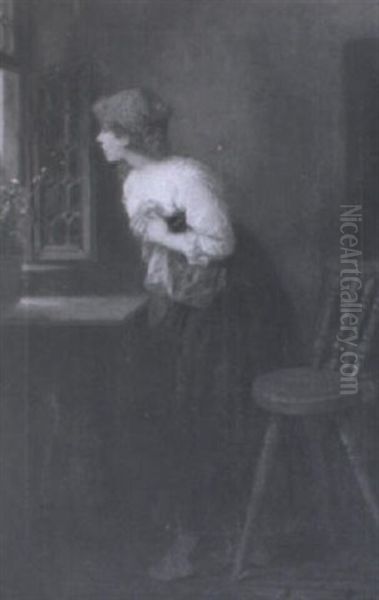 Madchen Mit Rotem Kopftuch, Am Geoffneten Fenster Stehend by Wilhelm Roegge the Younger